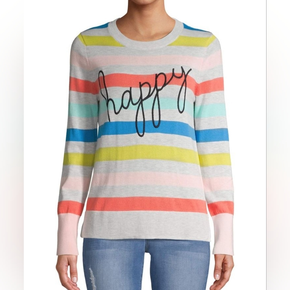 Time and Tru Multicolor Striped Sweater with 'Happy' Embroidery